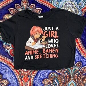 Port & Company Just A Girl Who Loves Anime Ramen Sketching Black Crop Top Small